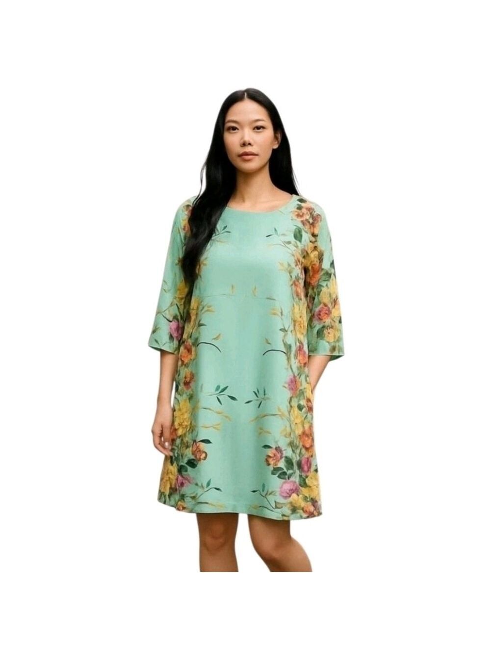𝅺lovely Day Green Floral Pullover Bow Back Long Sleeve Mini Dress Size Small